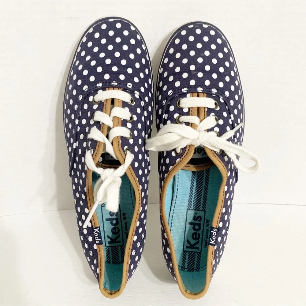 Keds Classic Champion Navy Blue and White Polka Dot Canvas Sneakers Tan Trims